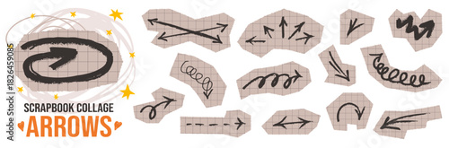 Hand drawn doodle set with scribble arrows and paper cutout elements.