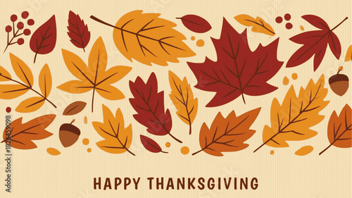 Horizontal seamless pattern with Berries, fall Autumn Leaves for Thanksgiving greeting Cards, Party Invites. Perfect for wallpaper, banner, print, gift paper, web page background, autumn greeting card