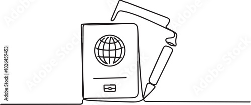 One Continuous Line Drawing of Passport Icon. Single Line Vector Illustration, One Continuous Line Drawing of Visa Applications Icon. one line Icon drawing