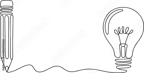 Continuous One line drawing of Pencil with idea light bulb combined into symbol, creative energy design art or science invention or research. one line Icon drawing