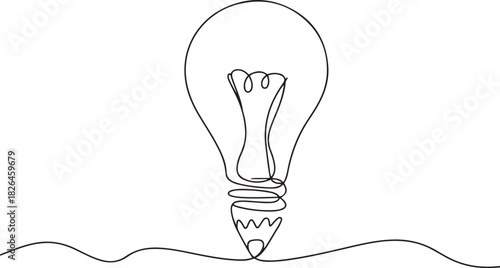 Continuous One line drawing of Pencil with idea light bulb combined into symbol, creative energy design art or science invention or research. one line Icon drawing