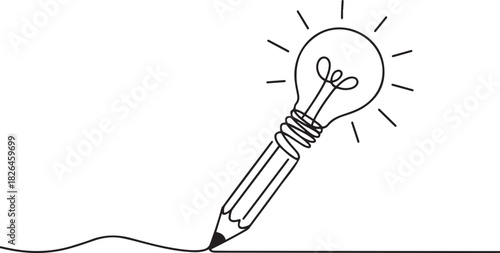 Continuous One line drawing of Pencil with idea light bulb combined into symbol, creative energy design art or science invention or research. one line Icon drawing