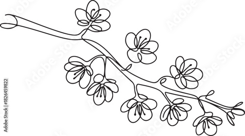 Continuous one line drawing of cherry blossom. Simple flower blossom line art vector illustration, Hand drawn cherry blossom. one line Icon drawing