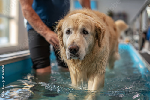 A golden retriever walks carefully on an underwater treadmill during rehabilitation. A trainer provides gentle support to help the dog with its exercise routine