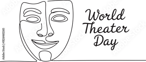 World theater day banner design, with character mask sketch, continuous one line drawing, vector illustration. one line Icon drawing