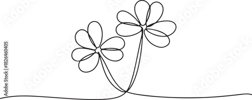 Three leaves clover in one continuous line drawing vector illustration. Pro vector, Continuous linear drawing of clover leaves. one line Icon drawing