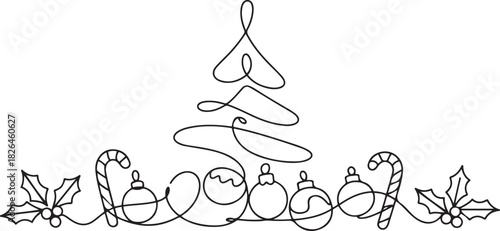 Merry Christmas decoration. Continuous one line art. one line Icon drawing