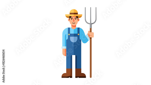 A flat illustration of a farmer holding a pitchfork