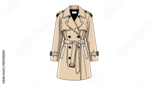 A flat illustration of a beige trench coat with doublebreasted closure belt and epaulets