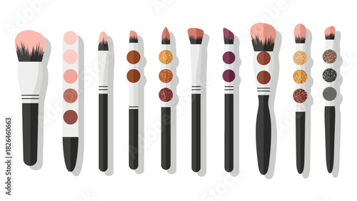 A flat design illustration of ten makeup brushes and accompanying eyeshadows