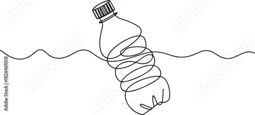 Used PET bottle on waves. Crushed plastic bottle floating in water. One line drawing illustration of crumpled trash. one line Icon drawing