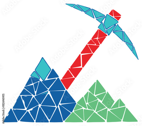 Geometric Pickaxe and Mountains Illustration with Fragmented Triangle Shapes