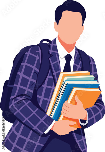 Young student in casual clothes, carrying a backpack and books, ideal for education, school, college, learning concepts, or backtoschool themes.
