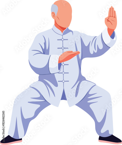 Man in a white suit performing graceful tai chi movements in a peaceful setting. Suitable for wellness, relaxation, meditation concepts.