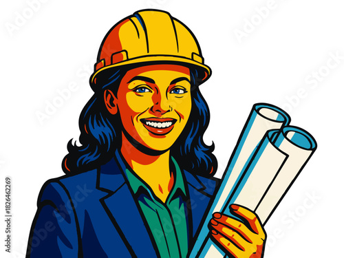 female engineer in a suit and yellow hard hat, representing construction, leadership. Generative ai vector colorful pop art illustration.