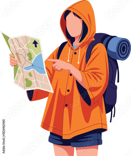Hiker in orange raincoat with map on outdoor adventure. Suitable for hiking, travel, nature, exploration, maps, hiking gear concepts.