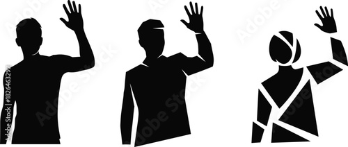 Conceptual triptych of men raising hands, symbolizing agreement, volunteering, questioning, voting, or making an oath in diverse styles