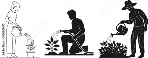 People Gardening and Watering Plants, Silhouette and Line Art, Plant Care, Growth, Hobby, Vector Illustration, Hose, Watering Can
