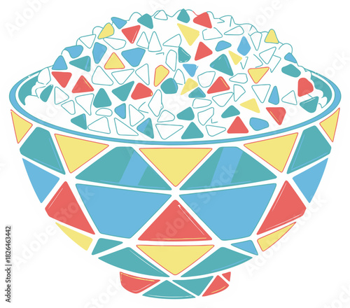 Vibrant Abstract Bowl with Geometric Mosaic Pattern Filled with Colorful Triangular Elements