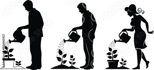 People watering plants with cans, symbolizing care, growth, investment, development, nurturing a business, environmental conservation, and gardening