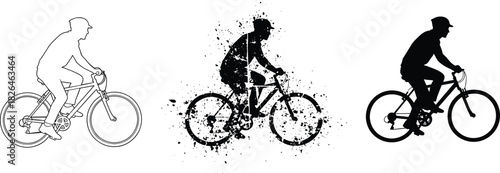 Set of cycling illustrations featuring a mountain bike rider silhouette, line art, and grunge splash effect, representing extreme sports, outdoor adventure, fitness, and active lifestyle concept