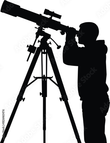 Silhouette of a person or astronomer looking through a large telescope on a tripod, symbolizing astronomy, discovery, and science