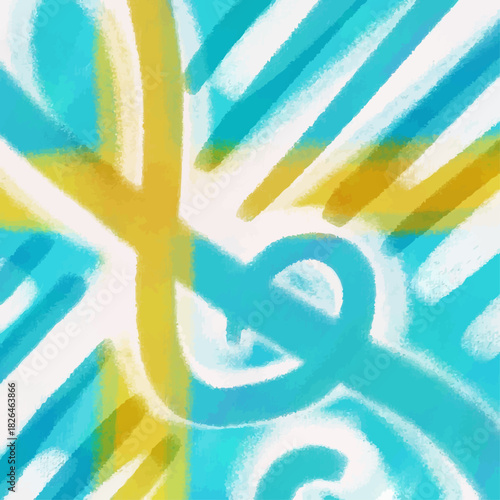 A tremble clef on the staff rotated diagonally and colored as a Swedish flag (yellow cross against blue); a digital pastel painting and vector illustration for Sweden's music playlist, podcast, radio.