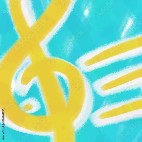 A yellow tremble clef on the staff against the green-blue background symbolizing Swedish flag; a digital pastel painting and vector illustration for Sweden's music playlist, podcast, radio covers.