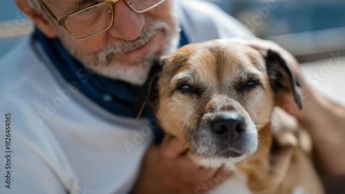 Elderly man gently stroking the fur of a senior rescue dog during a visit to a local shelter — a touching story of companionship, emotional healing, and the special bond between older adults and