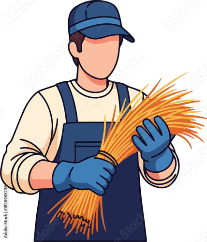 Farmer in overalls and gloves holds golden wheat. Suitable for agriculture and farmingrelated concepts in design and advertising.