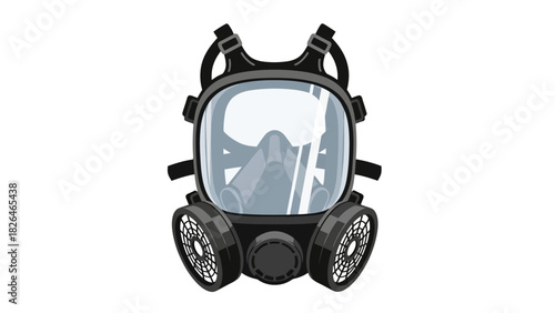 A frontfacing grey and black fullface respirator mask