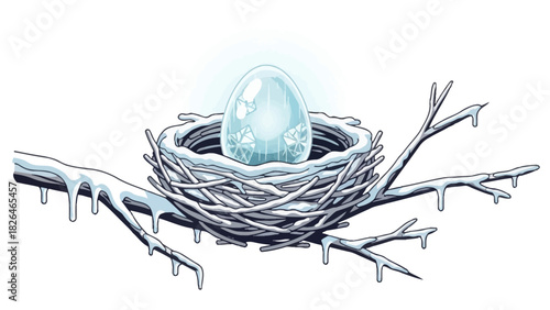 A frozen egg rests in a snowcovered nest on a branch