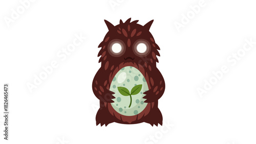 A furry brown creature holds a light green egg with a sprout