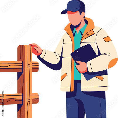 Person inspects a wooden fence with a clipboard in hand. Suitable for construction, inspection, home improvement themes in design projects.