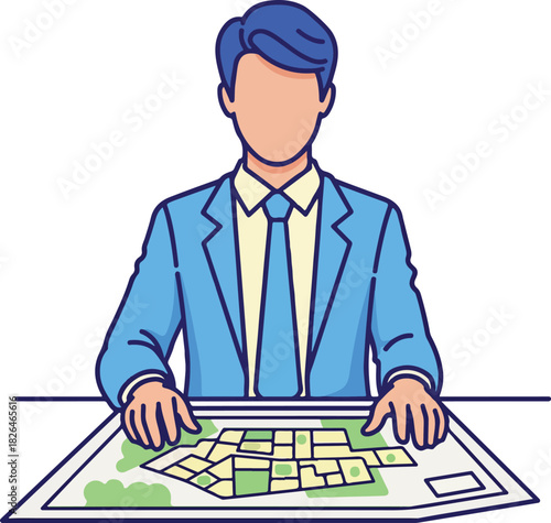 Man in a blue suit studies city plans on a map. Suitable for business, urban planning, strategy, and development concepts.