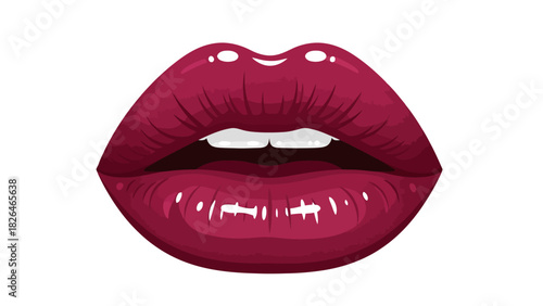 A glossy plumcolored pair of lips are slightly open to reveal white teeth and a dark interior