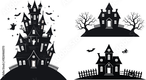 Collection of Black Haunted House Silhouettes, Featuring Spooky Castles, Ghost, Witch, and Bat Elements, Perfect for Halloween Decoration, Party Invitations, and Horror Graphics, Vector.