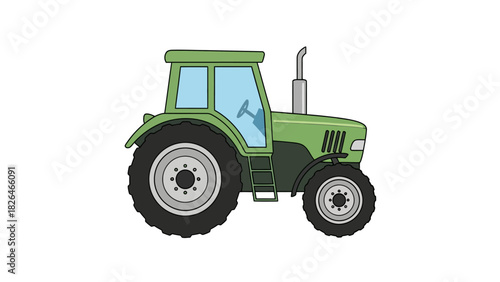 A green tractor with a light blue windshield