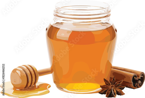 Golden Honey Jar, Wooden Dipper, Cinnamon Sticks, and Star Anise Spice Still Life, Natural Sweetener and Healthy Ingredient for Tea, Baking, or Cooking, Isolated Vector Illustration.