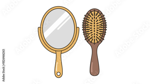 A hand mirror and a hairbrush against a white background