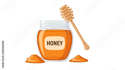 A jar of honey with a honey dipper and two dollops of honey