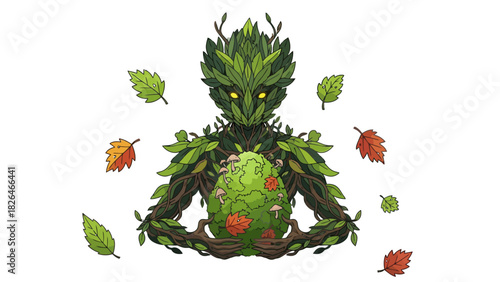 A humanoid figure made of leaves and branches holding a mossy sphere