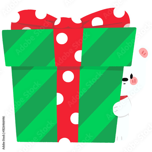 White Bear Hugging A Green Gift Box - No Line