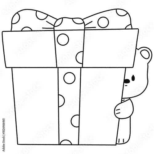 White Bear Hugging A Green Gift Box - Outline