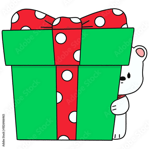 White Bear Hugging A Green Gift Box - Line Color