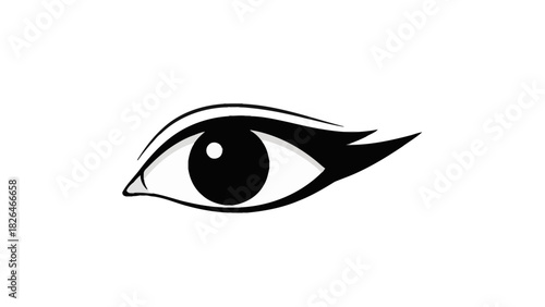 A minimalist black and white illustration of a stylized human eye