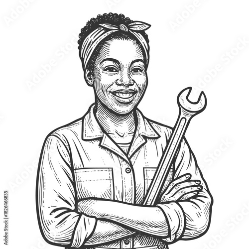 cheerful female mechanic in uniform and cap, symbolizing skilled labor and craftsmanship sketch engraving generative ai fictional character vector illustration. Scratch board. Black and white image.