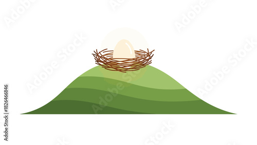 A nest with an egg sits on a grassy hill