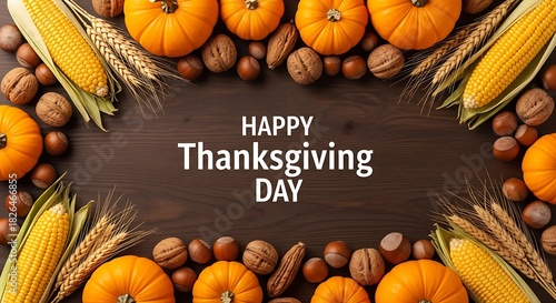Harvest Celebration A Warm Top-View Banner with Pumpkins, Corn, and Nuts for Thanksgiving Day Wishes