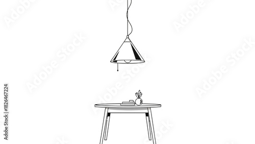 A pendant lamp hangs above a table with a book and a small plant
